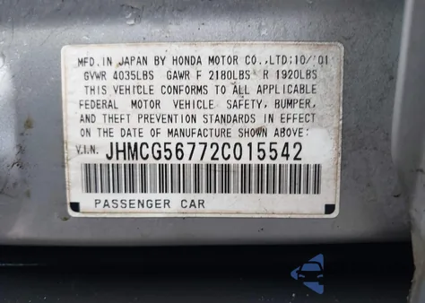 2002 Honda Accord Se from USA, damaged, VIN JHMCG56772C015542